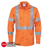 DNC Workwear - Hi Vis Cool Breeze Cotton Shirt with Double Hoop on Arms & 'X' Back CSR R/Tape Long Sleeve 3789