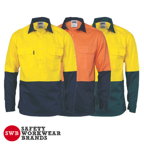 DNC Workwear - Hi Vis 2 Tone Close Front Cotton Drill Shirt Long Gusset Sleeve 3834