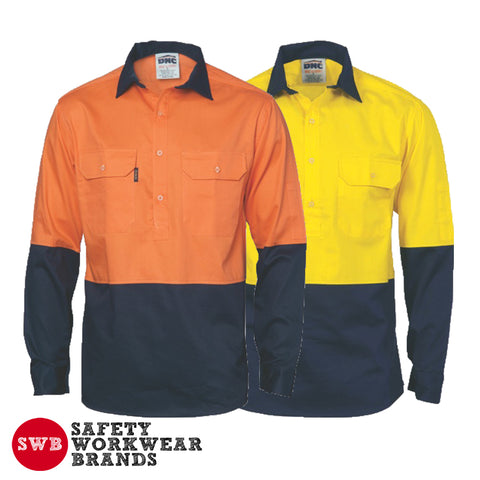 DNC Workwear - Hi Vis 2 Tone Cool Breeze Close Front Cotton Shirt Long Sleeve 3934